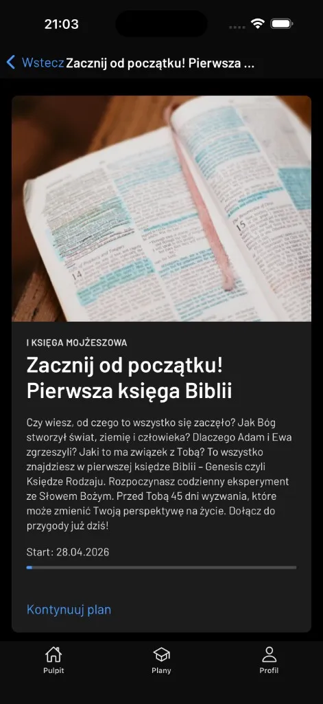 Plan „Zacznij od początku” w trybie ciemnym: I Księga Mojżeszowa, 45 dni czytania.