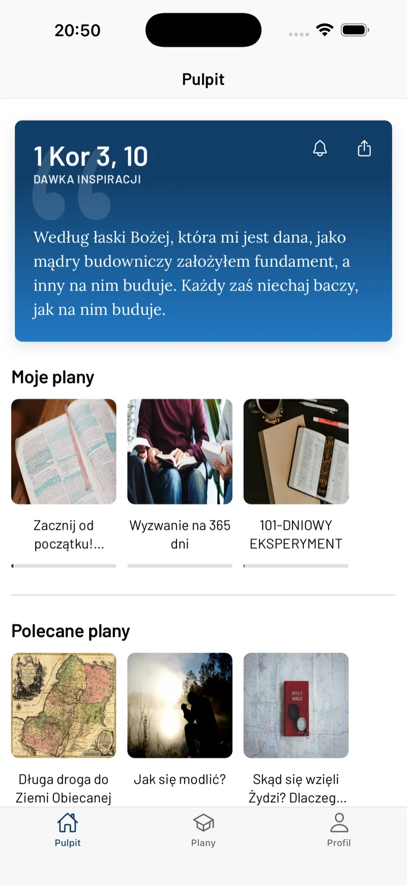 Pulpit aplikacji w trybie jasnym: werset dnia z 1 Kor 3,10, niżej kafle rozpoczętych i polecanych planów czytania.