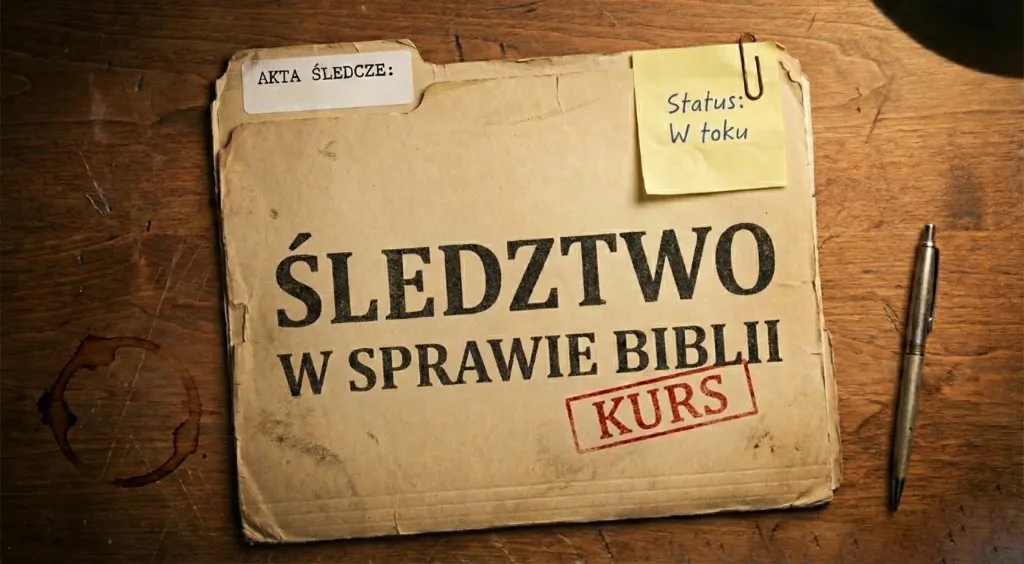 Teczka akt na drewnianym blacie z napisem Śledztwo w sprawie Biblii i czerwoną pieczątką Kurs.